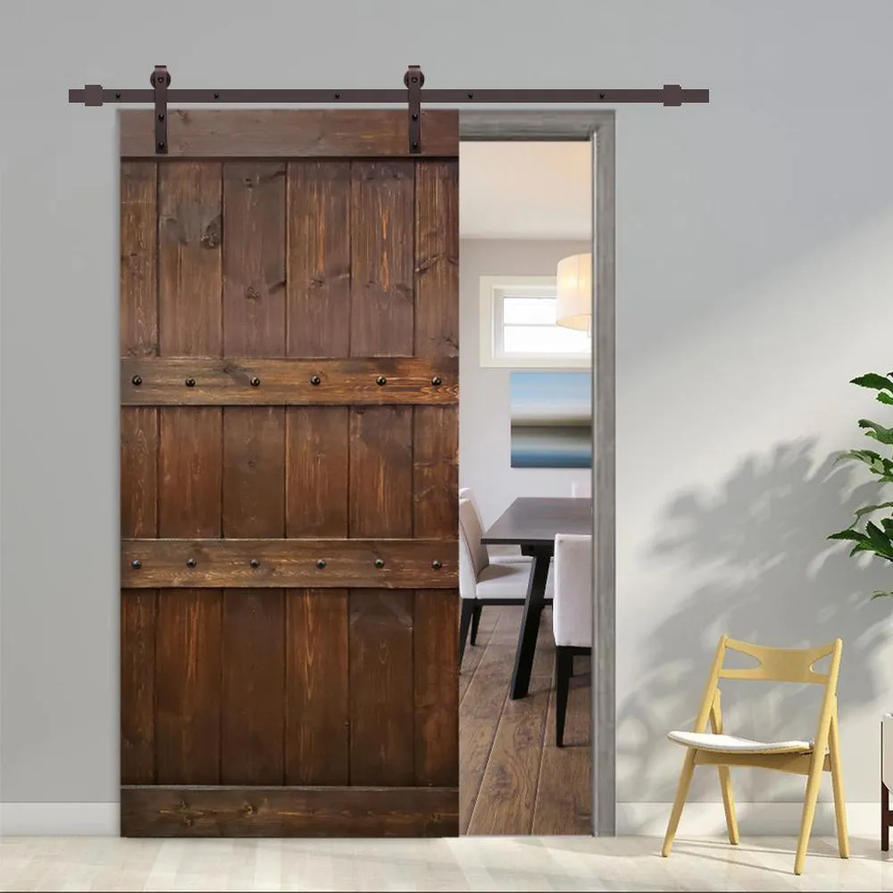 CALHOME Clavos 42 in. x 84 in. Brown Stained Solid Pine Wood Interior Sliding Barn Door with Sliding Door Hardware Kit, photo 5 of 11