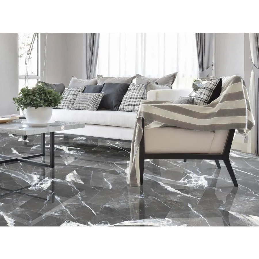 TRUE PORCELAIN CO. Calacatta Black Polished 12-in x 24-in Polished Porcelain Marble Look Floor and Wall Tile, photo 2 of 6