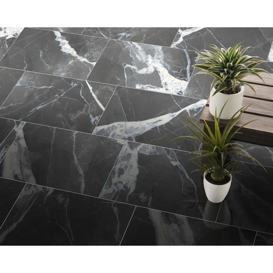 TRUE PORCELAIN CO. Calacatta Black Polished 12-in x 24-in Polished Porcelain Marble Look Floor and Wall Tile, photo 3 of 6