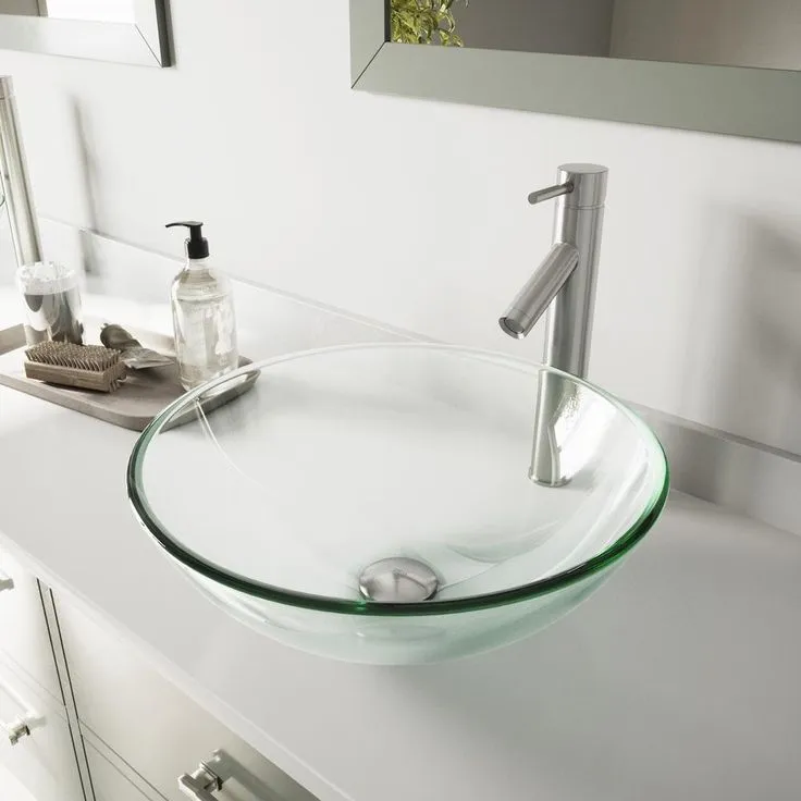 VIGO Glass Vessel Bathroom Sink in Clear Crystalline and Dior Vessel Faucet Set in Brushed Nickel, photo 2 of 11