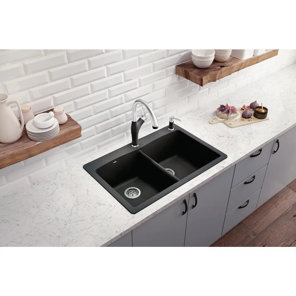 DIAMOND Dual-Mount Granite Composite 33 in. 1-Hole 50/50 Double Bowl Kitchen Sink in Anthracite, photo 2 of 11