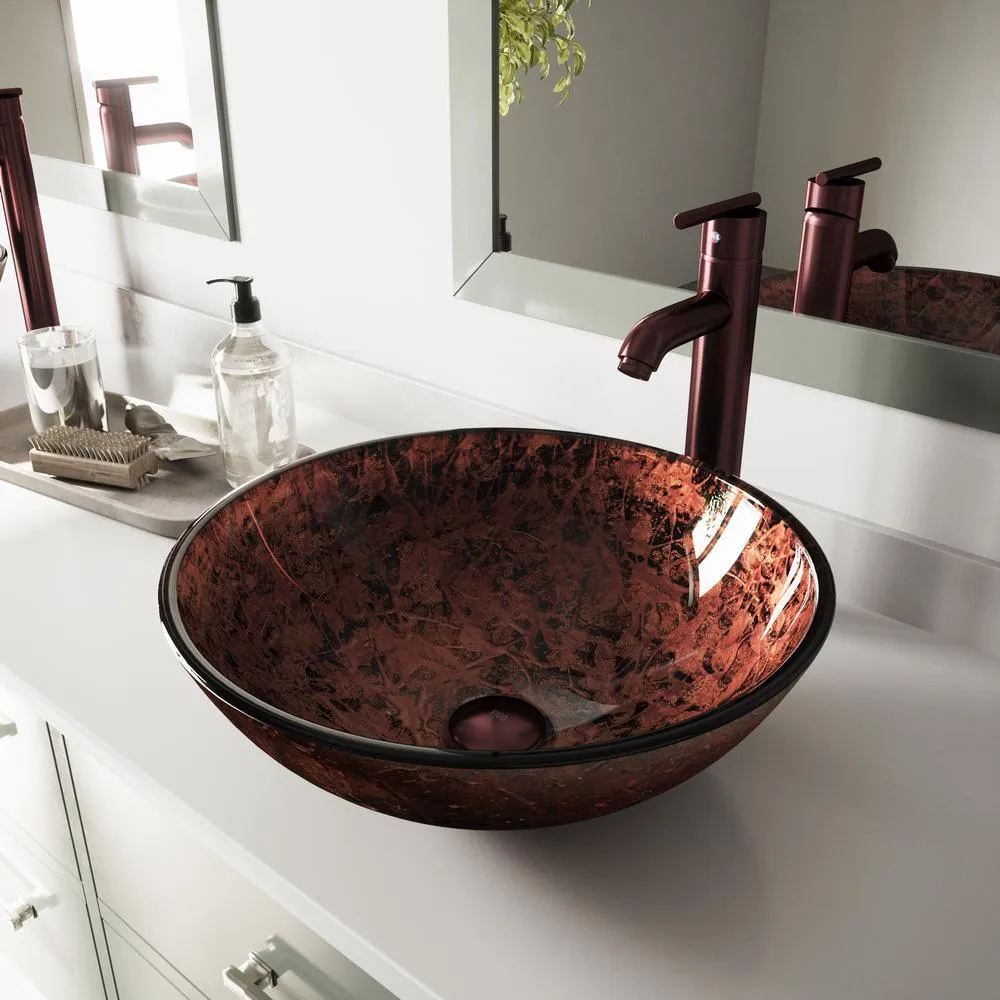 Glass Vessel Bathroom Sink in Gray Onyx and Seville Faucet Set in Matte Black, photo 15 of 27
