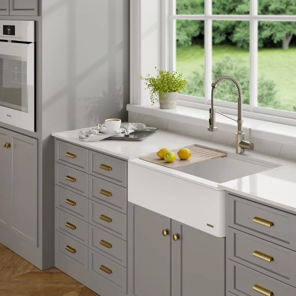 Bellucci 33in. CeramTek Granite/Quartz Composite Farmhouse ApronFront Single Bowl Kitchen Sink w/ Cutting Board in White, photo 6 of 16
