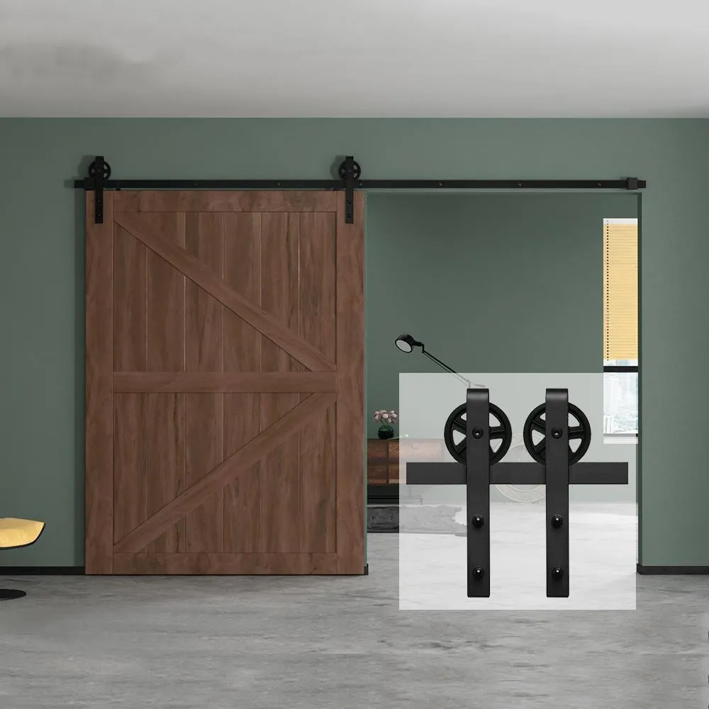 10 ft./120 in. Black Sliding Barn Door Track and Hardware Kit with Bigwheel J Shape Hanger for Single Door, photo 2 of 7