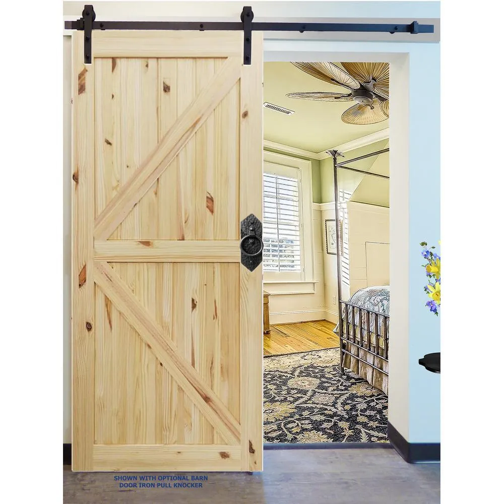 Pacific Entries 42 in. x 84 in. Rustic Unfinished 2-Panel V-Groove Pine Wood Interior Barn Door with Oil Rubbed Bronze Hardware Kit, photo 2 of 3