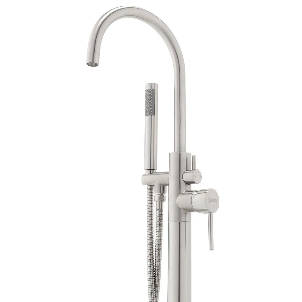 1-Handle Freestanding Floor Mount Tub Faucet Bathtub Filler with Hand Shower in Brush Nickel, photo 3 of 8