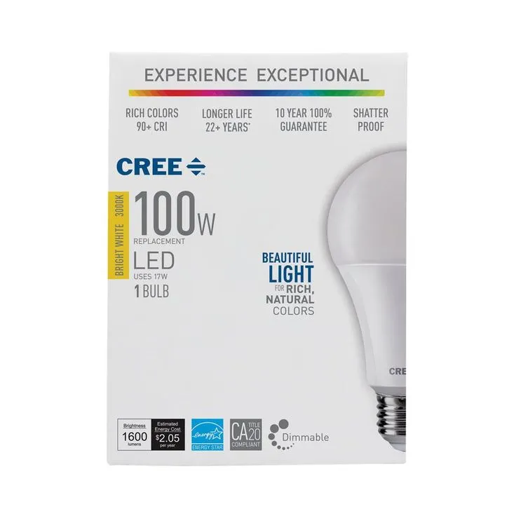 Cree 100W Equivalent Bright White (3000K) A21 Dimmable Exceptional Light Quality LED Light Bulb, photo 6 of 10