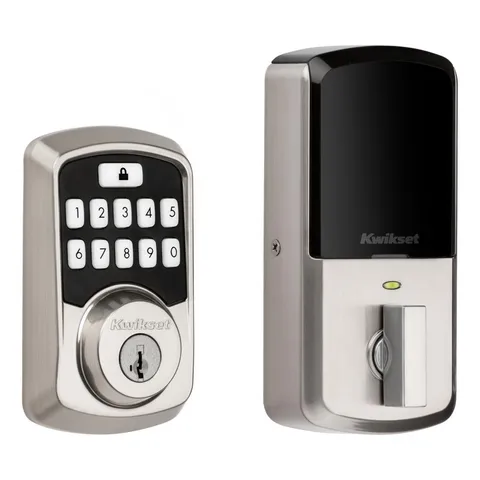 Aura Satin Nickel Single Cylinder Electronic Bluetooth Keypad Smart Lock Deadbolt featuring SmartKey Security