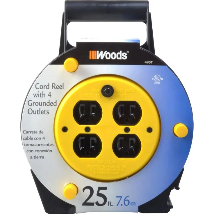 Woods 4907 16/3 25' Black/Yellow SJTW Extension Cord Reel with 4-Outlets, photo 3 of 6