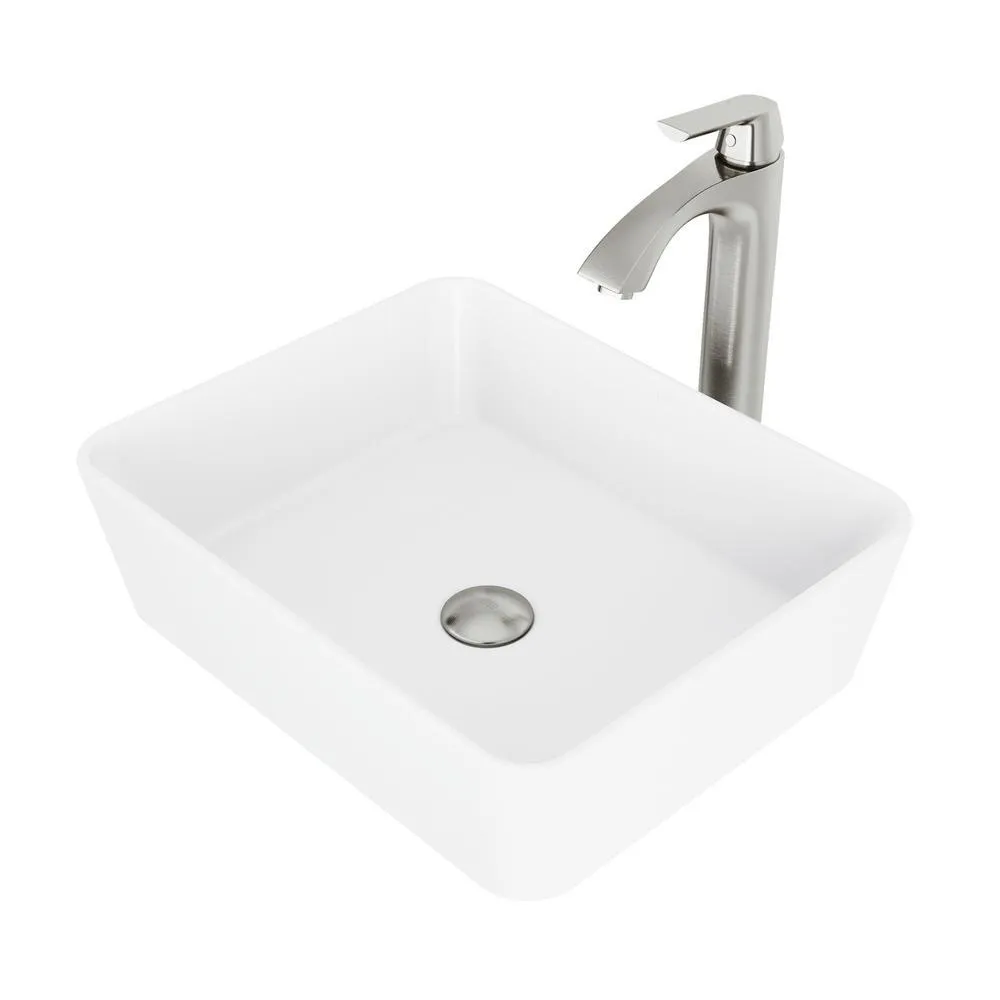 VIGO Marigold White Matte Stone Vessel Bathroom Sink and Linus Bathroom Vessel Faucet in Brushed Nickel, photo 4 of 16