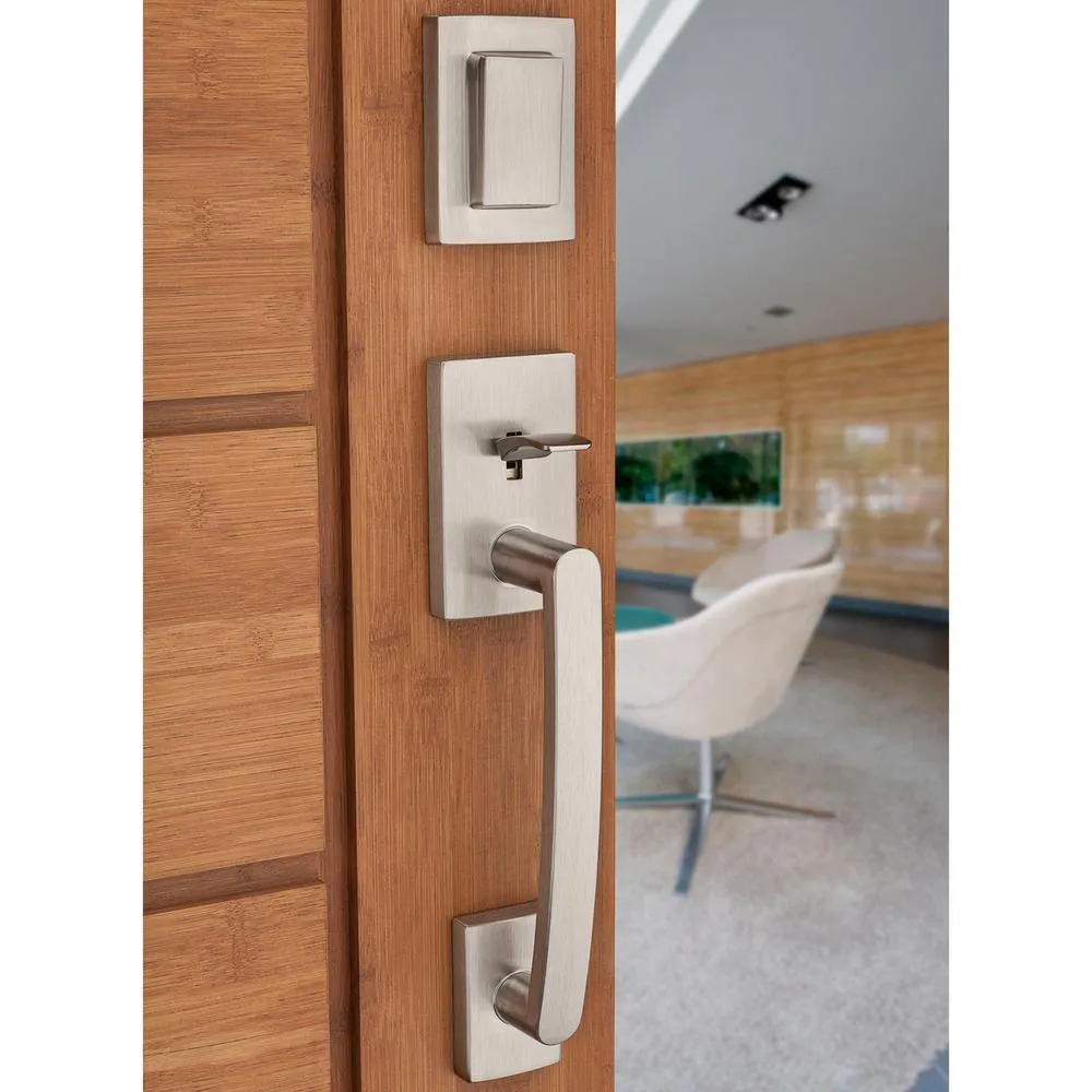 Prestige Spyglass Single Cylinder Satin Nickel Door Handleset with Square Spyglass Door Lever Feat SmartKey Security, photo 9 of 16