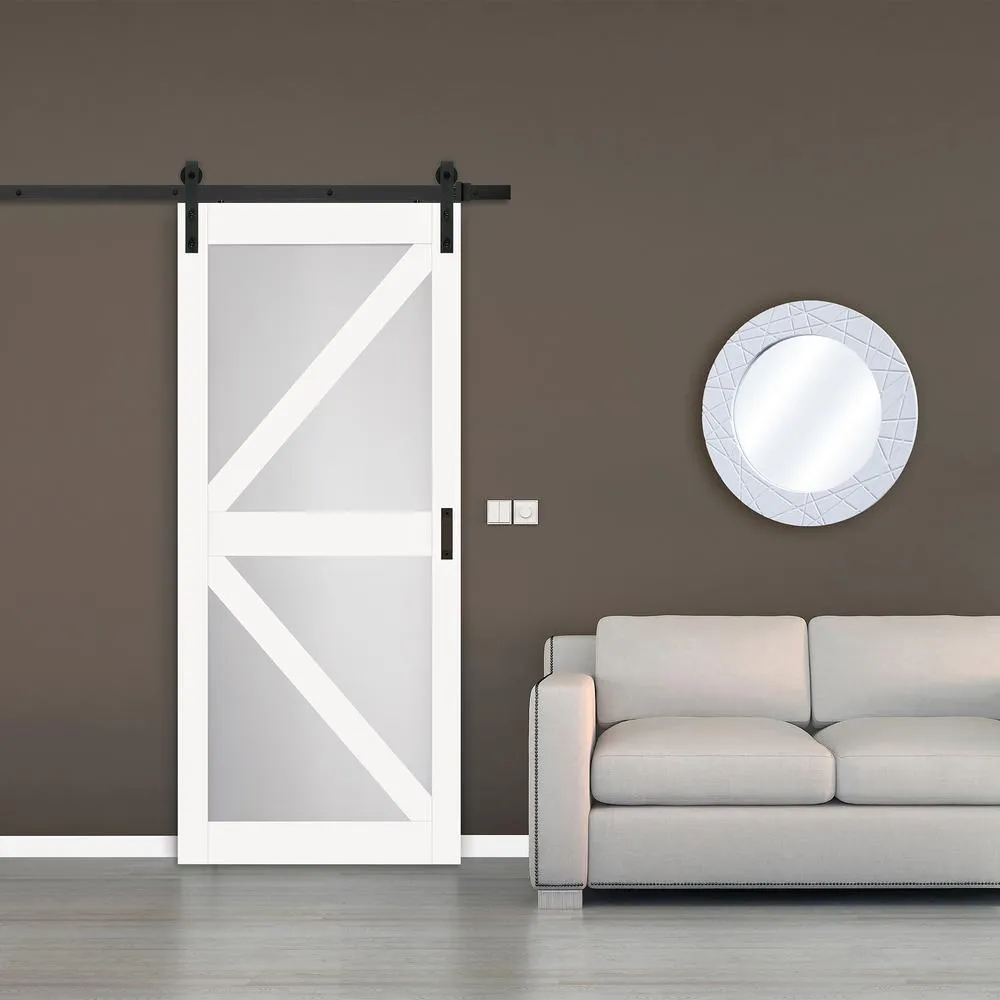 TRUporte 36 in. x 84 in. Bright White MDF Frosted Glass K Design Sliding Barn Door with Rustic Hardware Kit, photo 3 of 4
