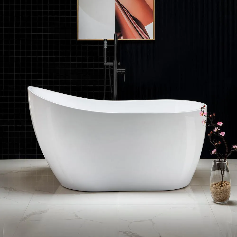 WOODBRIDGE Lannion 54 in. Acrylic Freestanding Single Slipper Flat Bottom Soaking Bathtub with Drain and Overflow, White, photo 2 of 7