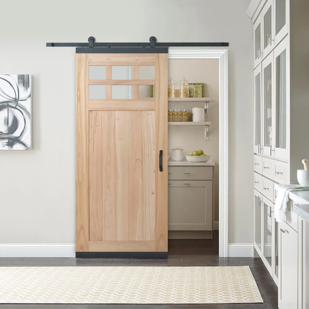JELD-WEN 36 in. x 80 in. DesignGlide Farmhouse Unfinished Solid Wood 6-Lite Obscure Glass Sliding Barn Door & Black Hardware Kit, photo 2 of 10