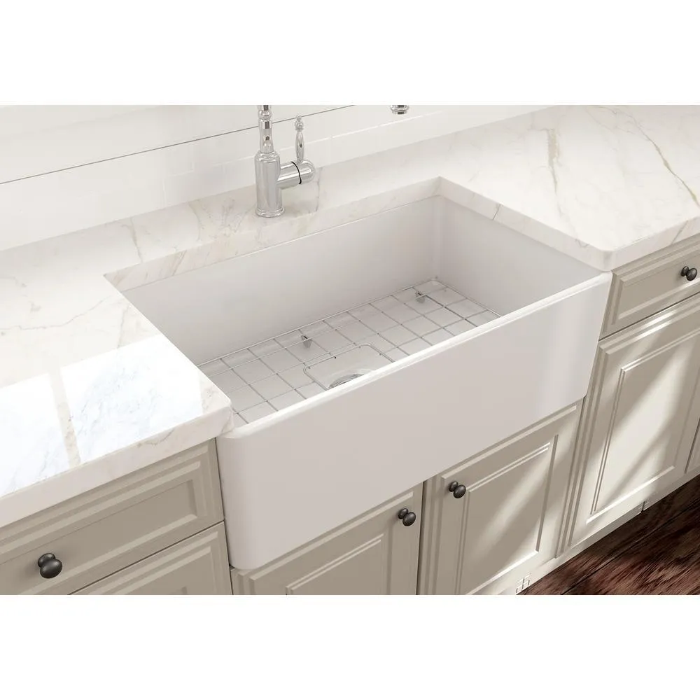 Classico Farmhouse Apron Front Fireclay 30 in. Single Bowl Kitchen Sink with Bottom Grid and Strainer in White, photo 2 of 33