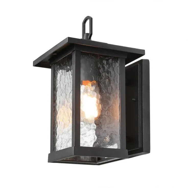 1-Light Transitional Outdoor Wall Light Lantern Sconce with Watered Glass Matt Black Coach Light LED Compatible, photo 3 of 17