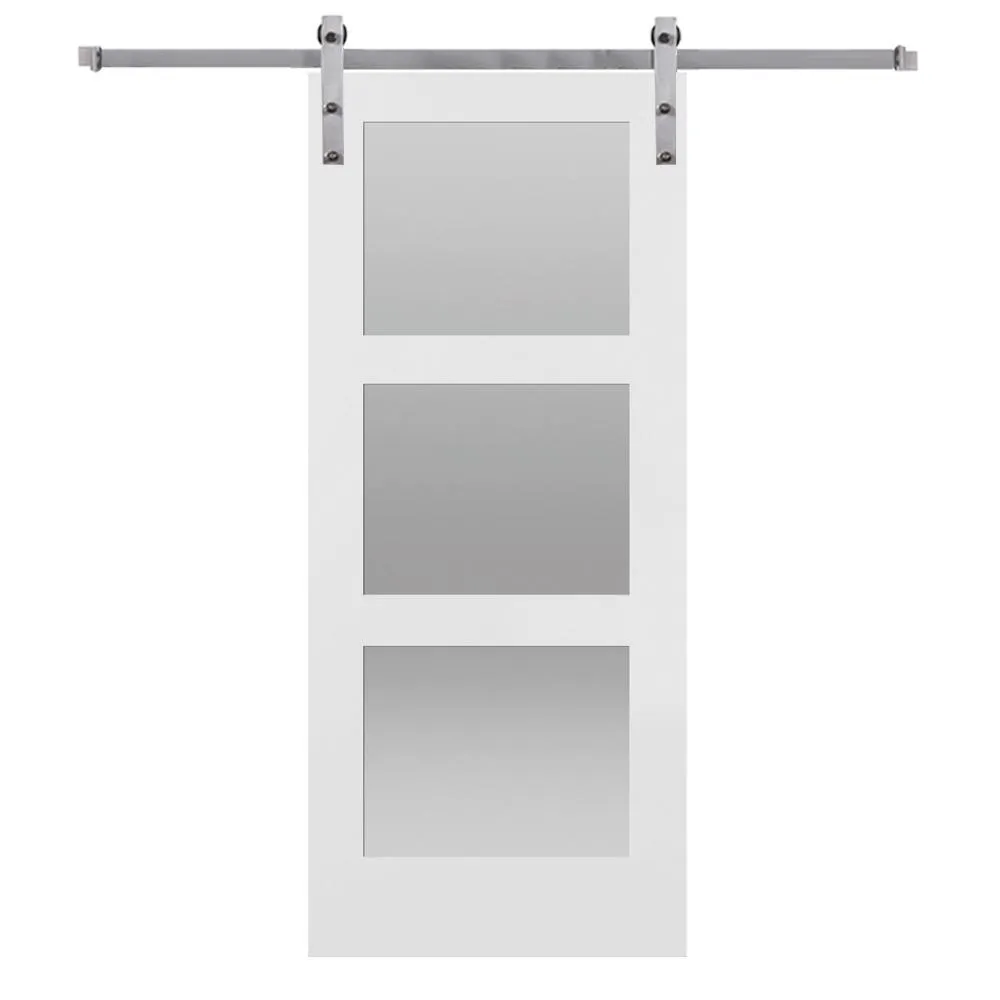 MMI Door 42 in. x 84 in. Shaker 3-Lite Frosted Glass Primed MDF Sliding Barn Door with Bent Strap Hardware Kit, photo 10 of 10