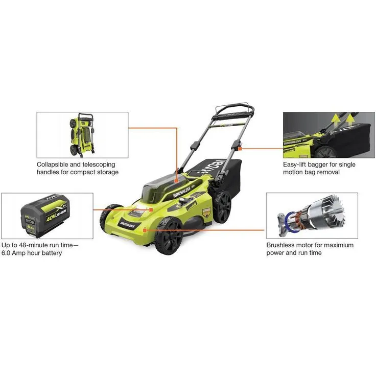 RYOBI 20 in. 40-Volt Brushless Lithium-Ion Cordless Battery Walk Behind Push Lawn Mower & Blower with 6.0 Ah Battery & Charger, photo 4 of 9