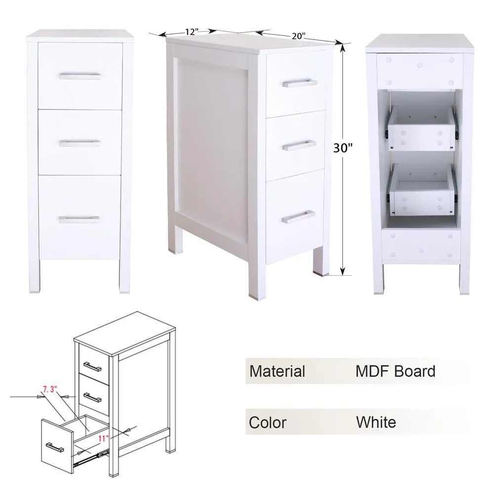 CASAINC 20 in. W x 12 in. D x 30 in. H Bathroom Vanity Cabinet Linen Cabinet with Three Drawers in White, photo 4 of 8