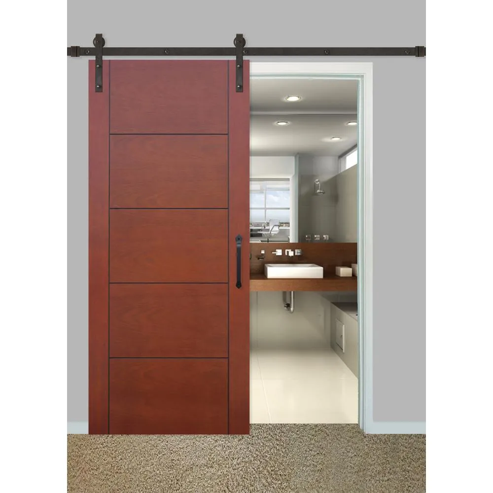 Pacific Entries 36 in. x 84 in. Contemporary Prefinished 5-Panel Flush Mahogany Wood Sliding Barn Door with Bronze Hardware Kit, photo 3 of 8