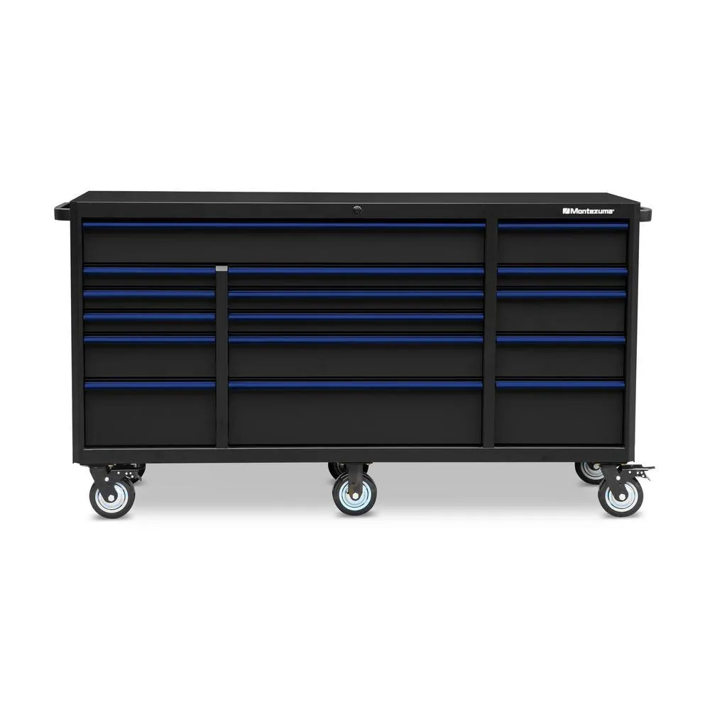 Montezuma 72 in. x 24 in. 16-Drawer Roller Cabinet Tool Chest with Power and USB Outlets in Black and Blue, photo 5 of 11