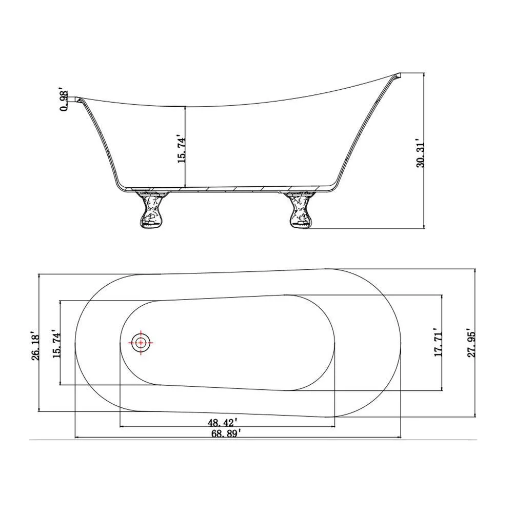 Clawfoot Bathtub - 69 in. Glossy White Acrylic Bathtub - Modern Flat Bottom Stand Alone Tub - Luxurious SPA Tub, photo 8 of 8