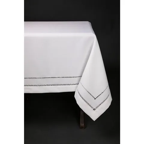 60 in. in. x 84 in. White Double Hemstitch Easy-Care Tablecloth