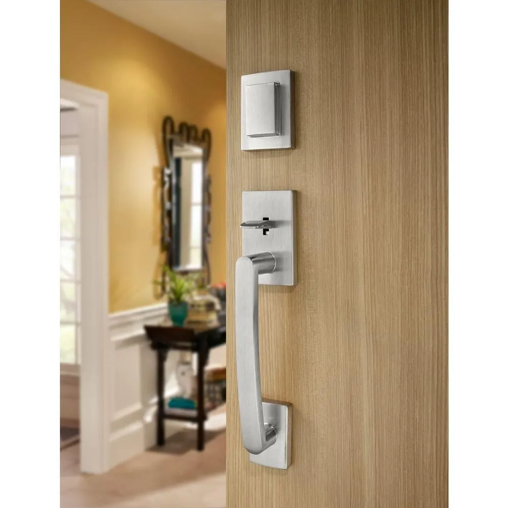 Prestige Spyglass Single Cylinder Satin Nickel Door Handleset with Square Spyglass Door Lever Feat SmartKey Security, photo 7 of 16