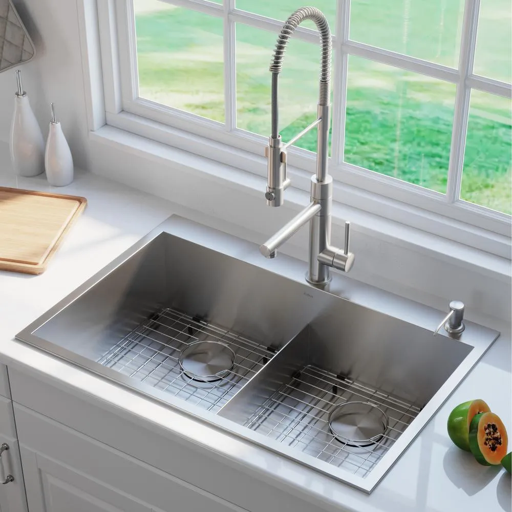 Pax Drop-In Stainless Steel 33 in. 2-Hole 50/50 Double Bowl Kitchen Sink, photo 15 of 15