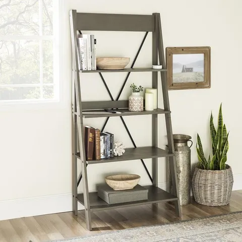 Gray Wood 4-Shelf Ladder Bookcase