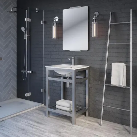 Metalim 24-in Brushed Steel Single Sink Bathroom Vanity with White Ceramic Top