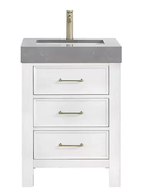 León 24 in wide · 22 in deep · 34 in high Single Sink Bath Vanity in Fir Wood White with Grey Composite Stone Top