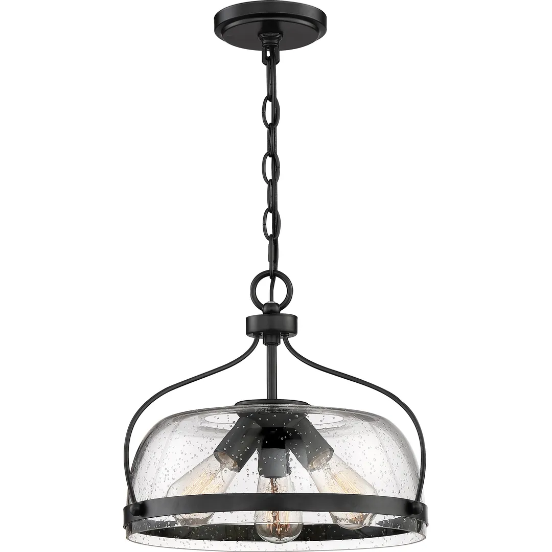 Quoizel Henderson 3-Light Matte Black Farmhouse Seeded Glass Bowl Pendant Light, 15-in, photo 6 of 12