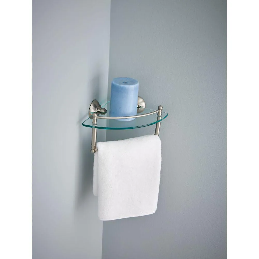 Delta 8 in. W Glass Corner Shelf with Hand Towel Bar in Brushed Nickel, photo 2 of 8
