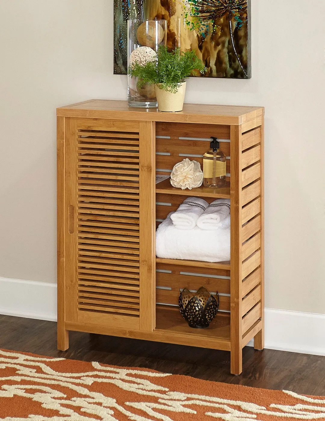Linon Bracken 26-in x 33-in x 11-in Natural Bamboo Wood Freestanding Linen Cabinet, photo 3 of 11