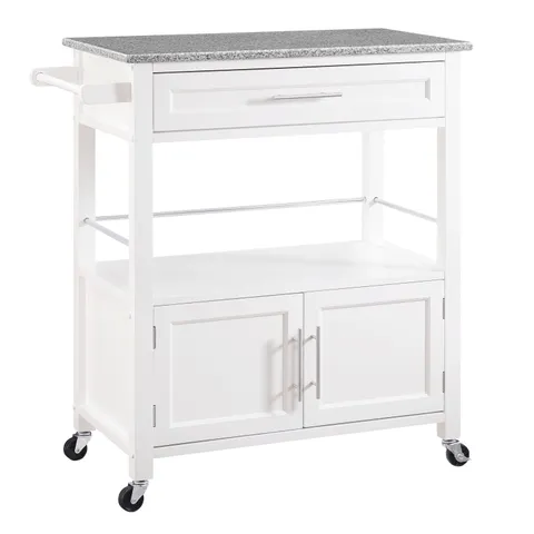 White Wood Base with Granite Top Rolling Kitchen Cart