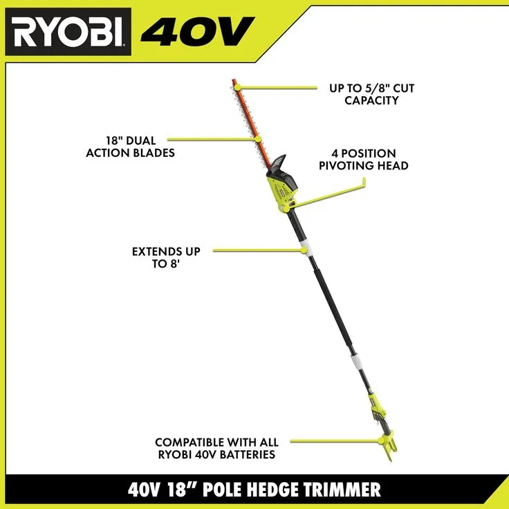 RYOBI 18 in. 40-Volt Lithium-Ion Cordless Pole Hedge Trimmer with 2.0 Ah Battery and Charger Included, photo 4 of 8
