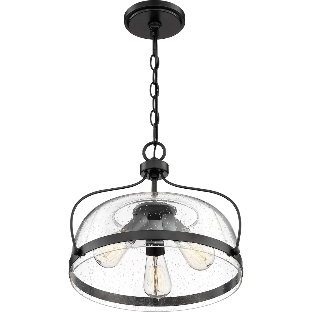Quoizel Henderson 3-Light Matte Black Farmhouse Seeded Glass Bowl Pendant Light, 15-in, photo 5 of 12