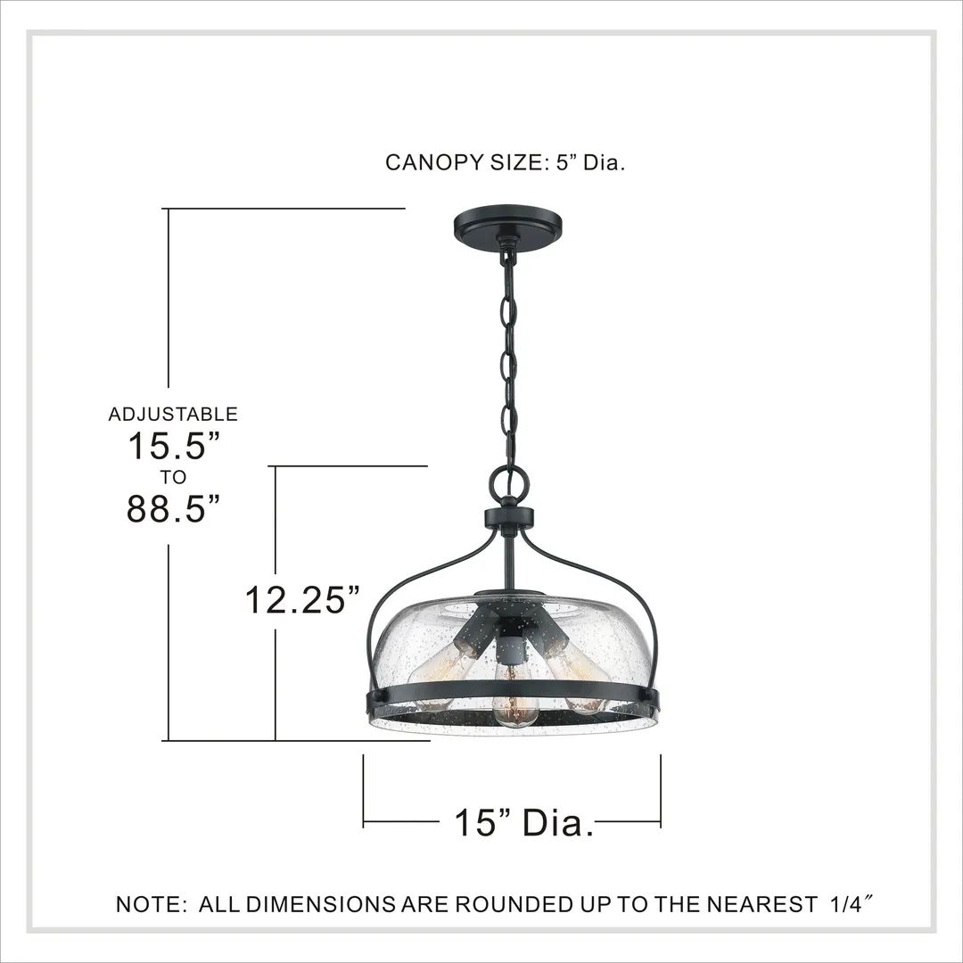 Quoizel Henderson 3-Light Matte Black Farmhouse Seeded Glass Bowl Pendant Light, 15-in, photo 12 of 12