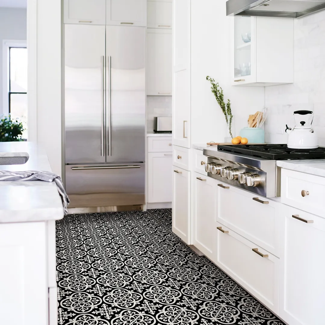FloorPops Black and White 2.76-mil x 12-in W x 12-in L Water Resistant Peel and Stick Vinyl Tile Flooring, photo 6 of 8