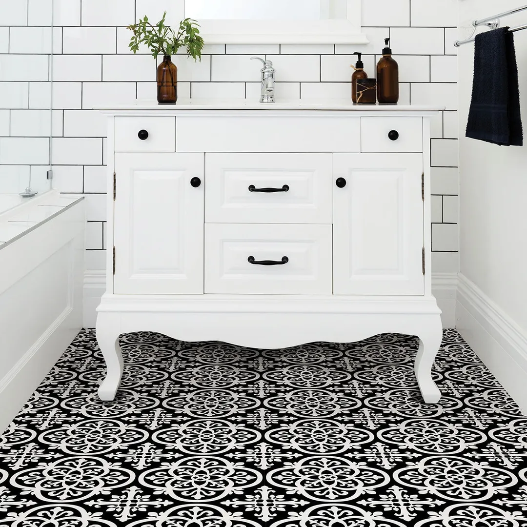 FloorPops Black and White 2.76-mil x 12-in W x 12-in L Water Resistant Peel and Stick Vinyl Tile Flooring, photo 7 of 8