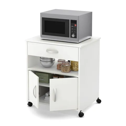 White Composite Base with Composite Laminate Top Rolling Microwave Cart