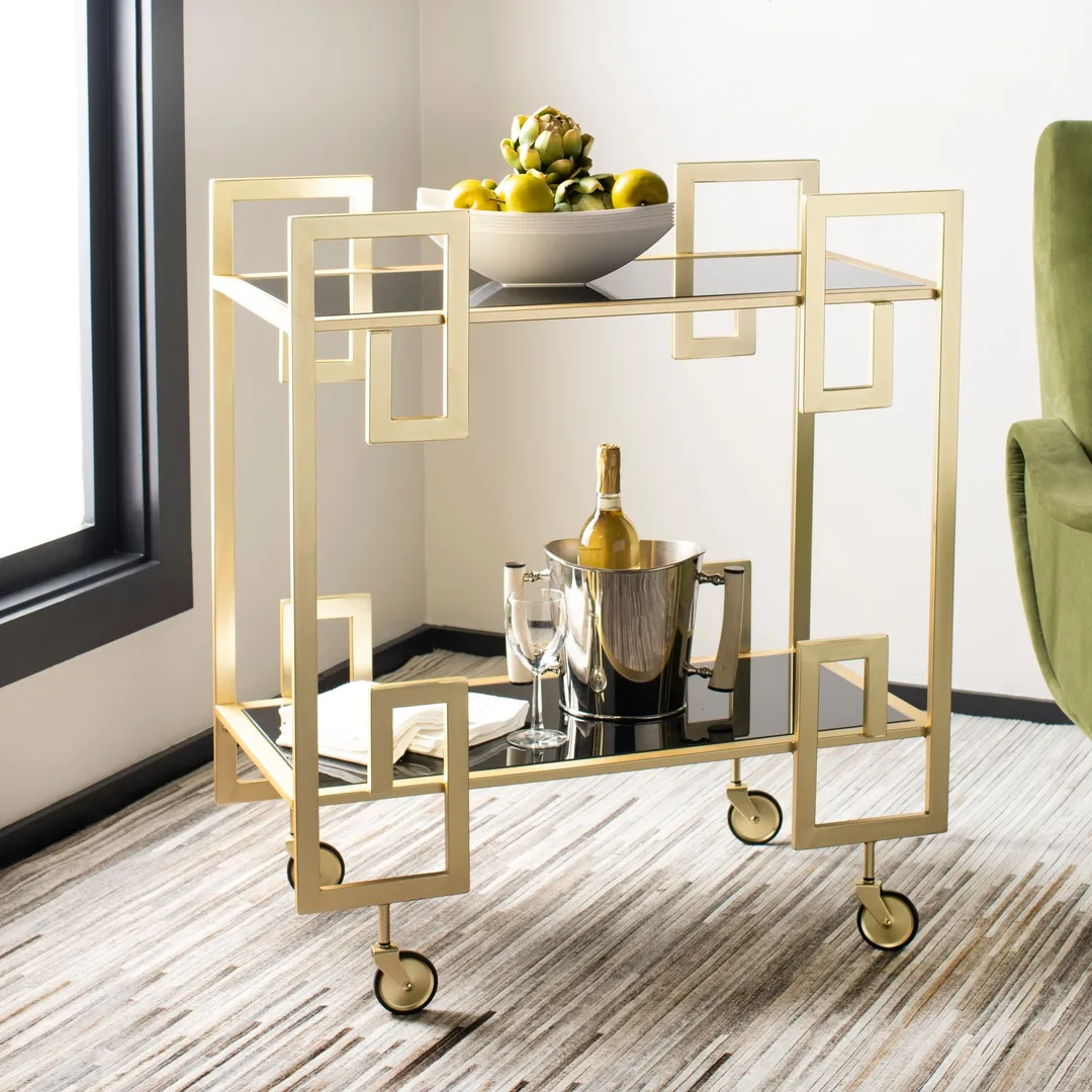 Safavieh Eliza Gold Metal Base with Black Glass Rolling Kitchen Cart (31.3-in x 16-in x 33-in), photo 2 of 6