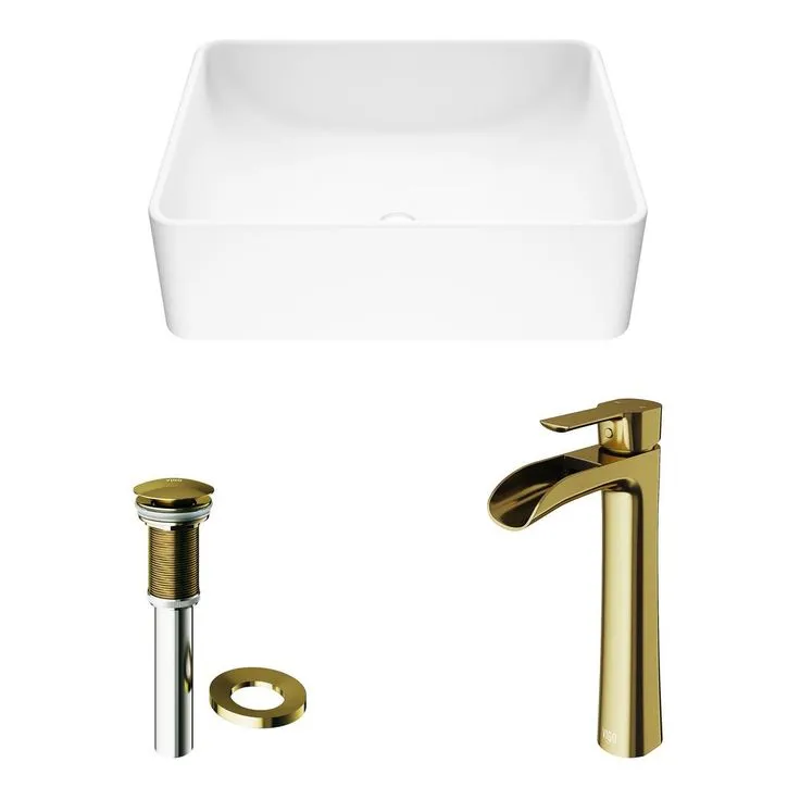 VIGO Amaryllis Matte Stone Vessel Bathroom Sink in White with Niko Faucet in Matte Gold, photo 6 of 10