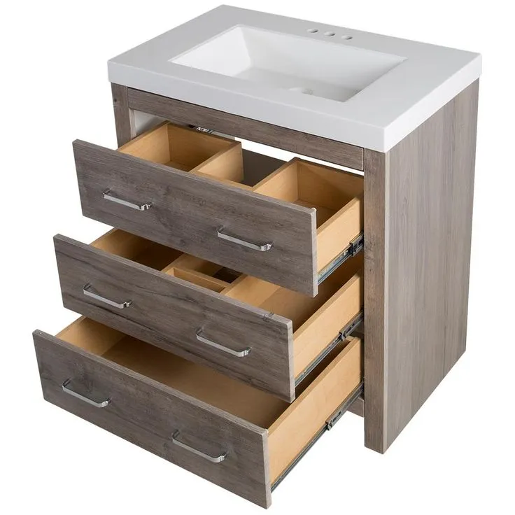 Woodbrook 31 in. W x 19 in. D Bath Vanity in White Washed Oak with Cultured Marble Vanity Top in White with White Sink, photo 4 of 11