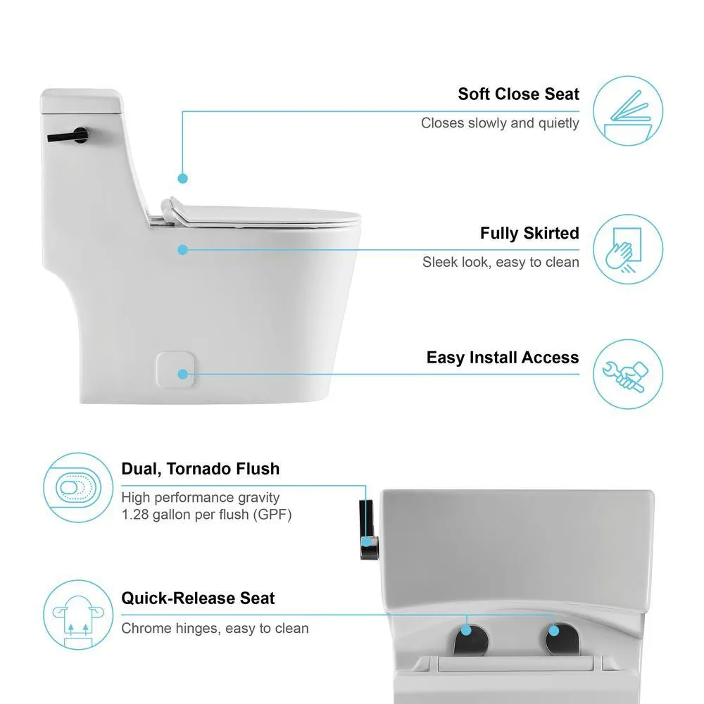 1-Piece 1.28 GPF High Efficiency Single-Flush Elongated Skirted Toilet All-in-One Toilet in White Seat Included, photo 9 of 10
