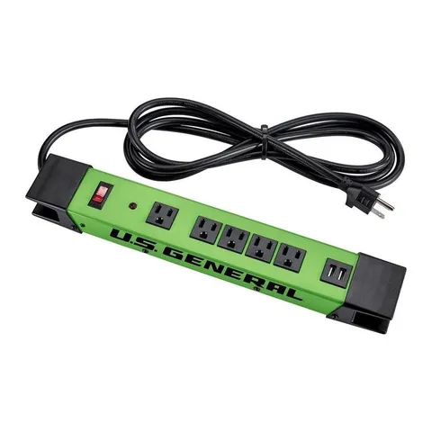 5-Outlet Magnetic Power Strip with Metal Housing and 2 USB Ports, Green