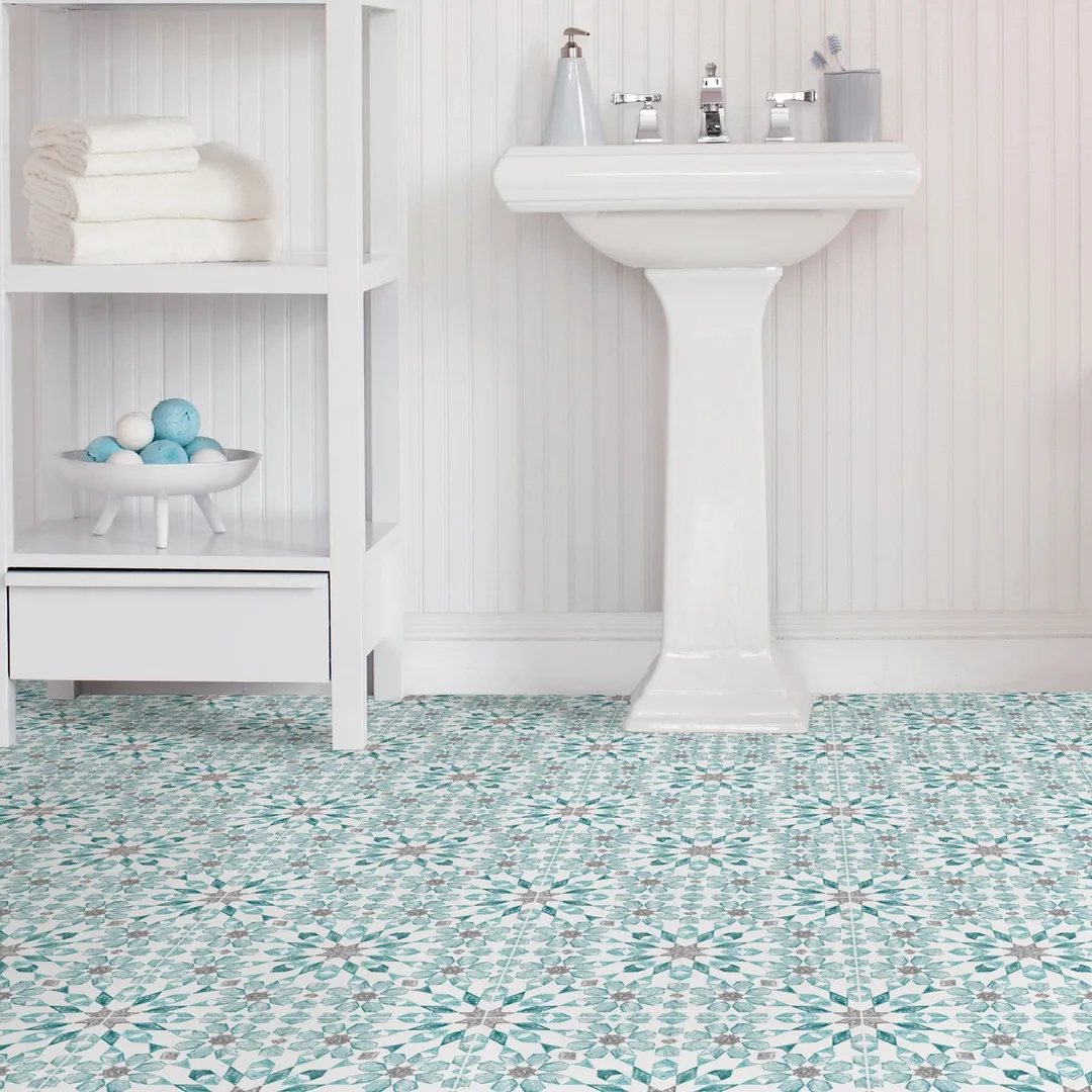 FloorPops Blue 12-in x 12-in Water-Resistant Peel and Stick Vinyl Tile Flooring, 20-sq ft Carton, photo 2 of 5
