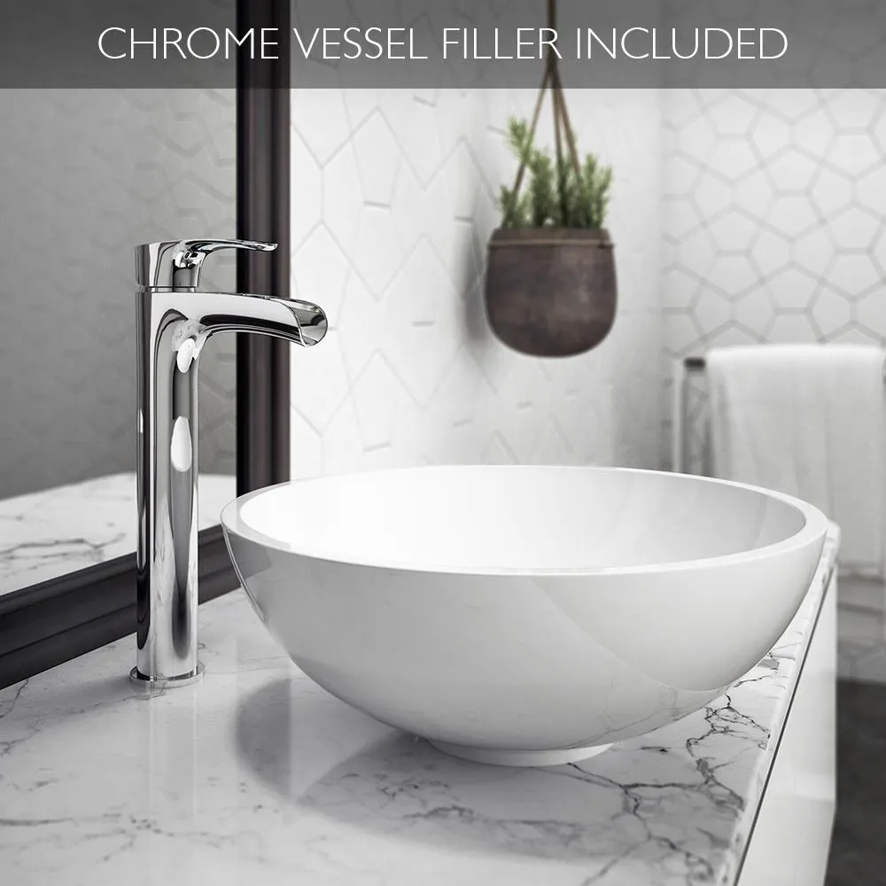JACUZZI 16.5 in. Solid Surface Vessel Bathroom Sink Bowl in White Gloss with Vessel Filler Faucet and Pop Drain Included, photo 2 of 2