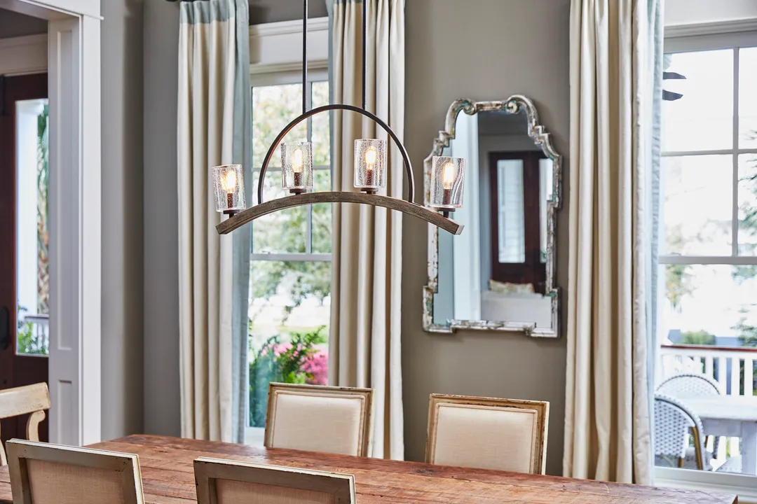 Quoizel Arley 4-Light Rustic Black and Faux Weathered Wood Farmhouse Chandelier, 32-in Linear, photo 12 of 14